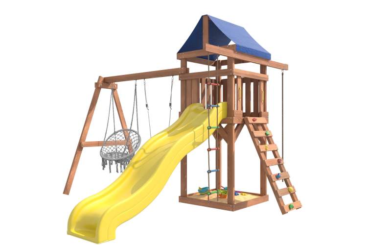 Детская площадка с качелями лодочка и подвесным плетеным креслом IgroWoods для улицы и дачи