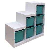 Стеллаж лесенка 940х440х910 ТРУФАСТ БЕЛЫЙ сосна,контейнеры:бирюзовый (6Б) 