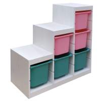 Стеллаж лесенка 940х440х910 ТРУФАСТ БЕЛЫЙ сосна,контейнеры:розовый 3(Б)/бирюзовый (3Б) 