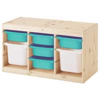 Стеллаж тройной 930х440х520 ТРУФАСТ б/п сосна,контейнеры: бирюз (5С)/белый (2Б) 