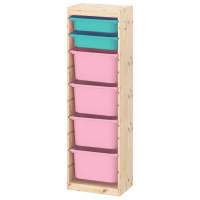 Стеллаж вертикальный 440х300х1420 ТРУФАСТ б/п сосна,контейнеры:бирюз (2С)/розов.(4Б) 