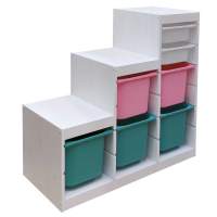 Стеллаж лесенка 940х440х910 ТРУФАСТ БЕЛЫЙ сосна,контейнеры:бирюз(3Б)/розов(2Б)/белый(2С) 