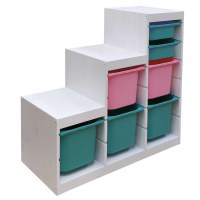 Стеллаж лесенка 940х440х910 ТРУФАСТ БЕЛЫЙ сосна,контейнеры:бирюз(3Б)/розов(2Б)/бирюз(2С) 