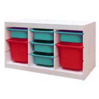 Стеллаж тройной 930х440х520 ТРУФАСТ БЕЛЫЙ сосна,контейнеры: бирюзовый (5С)/красный (2Б) 