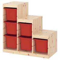 Стеллаж лесенка 940х440х910 ТРУФАСТ б/п сосна,контейнеры:красный (6Б) 
