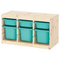 Стеллаж тройной 930х440х520 ТРУФАСТ б/п сосна,контейнеры: бирюзовый (3С)/бирюзовый (3Б) 