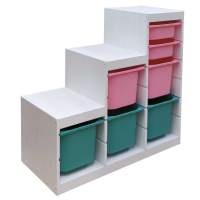 Стеллаж лесенка 940х440х910 ТРУФАСТ БЕЛЫЙ сосна,контейнеры:бирюз(3Б)/роз(2Б)/роз(2С) 