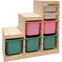 Стеллаж лесенка 940х440х910 ТРУФАСТ б/п сосна,контейнеры:бирюз(3Б)/розовый(2Б)/белый(2С) 