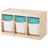 Стеллаж тройной 930х440х520 ТРУФАСТ б/п сосна,контейнеры: бирюзовый (3С)/белый (3Б) 