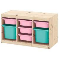 Стеллаж тройной 930х440х520 ТРУФАСТ б/п сосна,контейнеры: розовый (5С)/бирюзовый (2Б) 