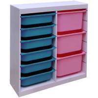 Стеллаж вертикальный двойной870х300х910 ТРУФАСТ БЕЛЫЙсосна,контейнеры:розов(3Б)/бирюз(6С)