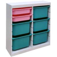 Стеллаж вертикальный двойной870х300х910 ТРУФАСТ БЕЛЫЙсосна,контейнеры:бирюз(5Б)/розов(2С)