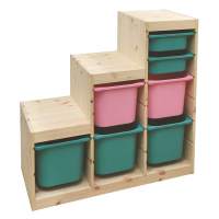 Стеллаж лесенка 940х440х910 ТРУФАСТ б/п сосна,контейнеры:бирюз(3Б)/розовый(2Б)/бирюз(2С) 
