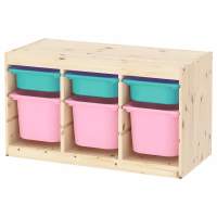 Стеллаж тройной 930х440х520 ТРУФАСТ б/п сосна,контейнеры: бирюзовый (3С)/розовый (3Б) 