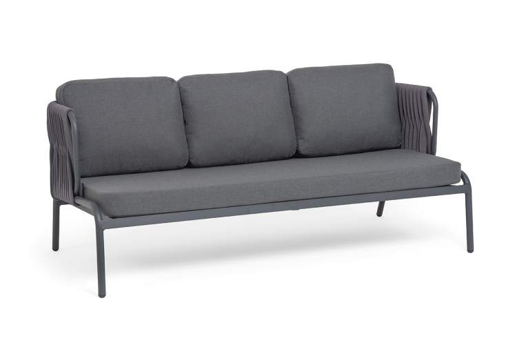 "Ронда" диван 3-местный плетеный из роупа, каркас алюминий темно-серый (RAL7024) муар, роуп серый 40 мм tex, ткань темно-серая 027-1