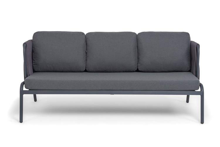 "Ронда" диван 3-местный плетеный из роупа, каркас алюминий темно-серый (RAL7024) муар, роуп серый 40 мм tex, ткань темно-серая 027-2