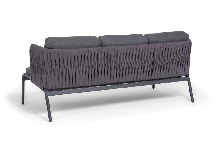 "Ронда" диван 3-местный плетеный из роупа, каркас алюминий темно-серый (RAL7024) муар, роуп серый 40 мм tex, ткань темно-серая 027-4