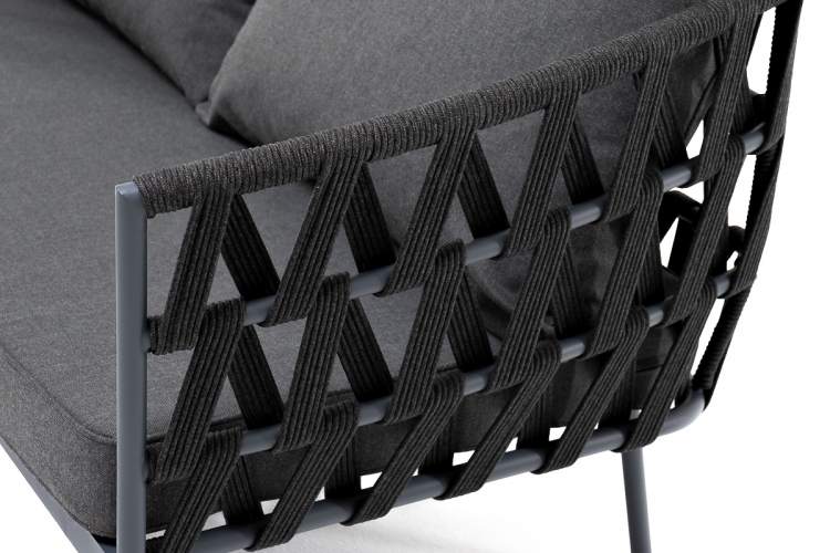 "Диего" диван 2-местный плетеный из роупа, каркас алюминий темно-серый (RAL7024) муар, роуп темно-серый круглый, ткань темно-серая 027-3