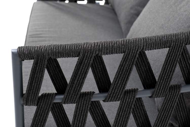 "Диего" диван 2-местный плетеный из роупа, каркас алюминий темно-серый (RAL7024) муар, роуп темно-серый круглый, ткань темно-серая 027-4