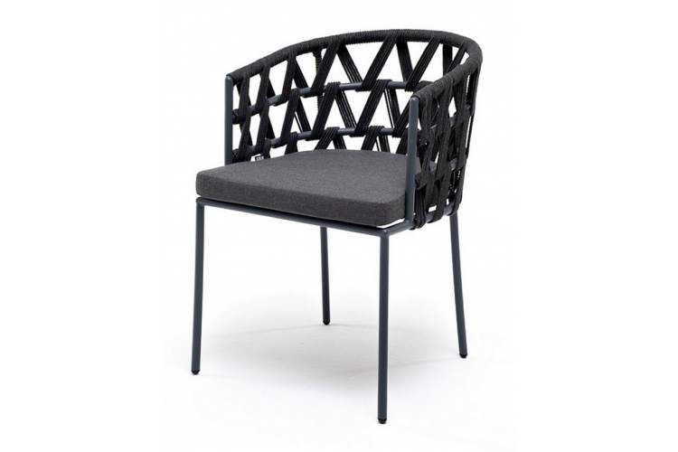 "Диего" стул плетеный из роупа, каркас из стали серый (RAL7022) муар, роуп серый круглый, ткань темно-серая 027