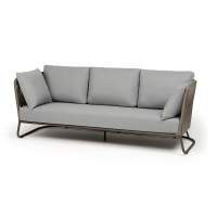 "Багамы" диван 3-местный плетеный из роупа, каркас алюминий бежево-серый (RAL7006) муар, роуп серо-коричневый 23мм, ткань светло-серая