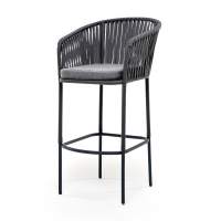 "Бордо" стул барный плетеный из роупа, каркас из стали серый (RAL7022) муар, роуп серый 15мм, ткань серая 017