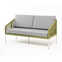 "Канны" диван 2-местный плетеный из роупа, каркас алюминий светло-серый (RAL7035) муар, роуп салатовый меланж круглый, ткань светло-серая