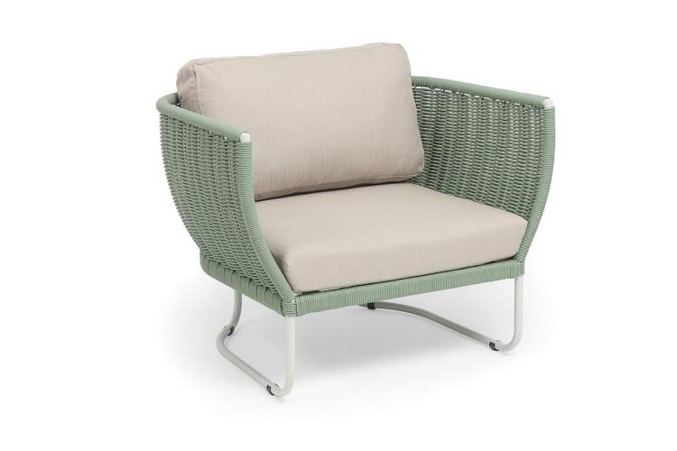 "Фиджи" кресло плетеное из роупа, каркас алюминий светло-серый (RAL7035) муар, роуп зеленый (4204) круглый tex, ткань Mossle бежевая-1