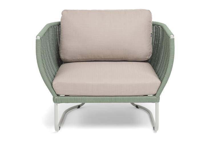 "Фиджи" кресло плетеное из роупа, каркас алюминий светло-серый (RAL7035) муар, роуп зеленый (4204) круглый tex, ткань Mossle бежевая-2