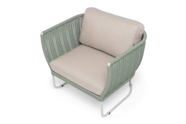 "Фиджи" кресло плетеное из роупа, каркас алюминий светло-серый (RAL7035) муар, роуп зеленый (4204) круглый tex, ткань Mossle бежевая-3