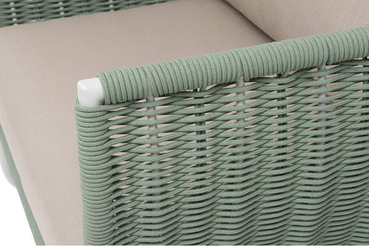 "Фиджи" кресло плетеное из роупа, каркас алюминий светло-серый (RAL7035) муар, роуп зеленый (4204) круглый tex, ткань Mossle бежевая-6