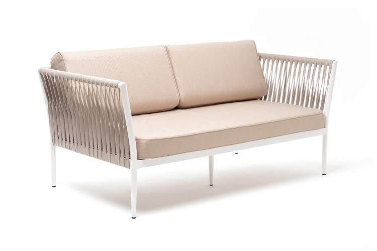 "Касабланка" диван 2-местный плетеный из роупа, каркас алюминий светло-серый (RAL7035) муар, роуп серо-коричневый 23мм, ткань бежевая 15052-2