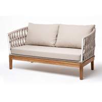 "Диего" диван 2-местный плетеный из роупа, основание дуб, каркас алюминий светло-серый (RAL7035) шагрень, роуп бежевый круглый, ткань бежевая 15052