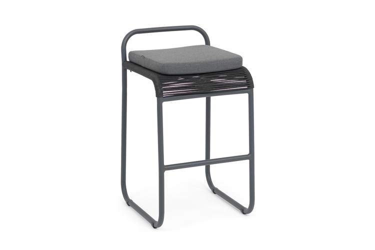 "Ането" стул барный плетеный из роупа, каркас алюминий темно-серый (RAL7024) муар, роуп темно-серый круглый, ткань темно-серая 027-2