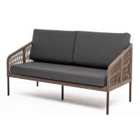 "Канны" диван 2-местный плетеный из роупа, каркас алюминий темно-серый (RAL7024) муар, роуп коричневый круглый, ткань серая 017