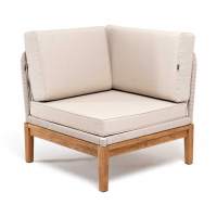 "Канны" угловой модуль плетеный из роупа, основание дуб, роуп бежевый круглый, ткань бежевая 052