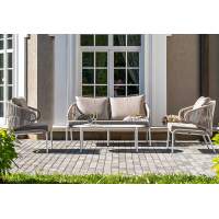 "Милан" лаунж-зона 4-местная плетеная из роупа (веревки), каркас алюминиевый белый, роуп бежевый