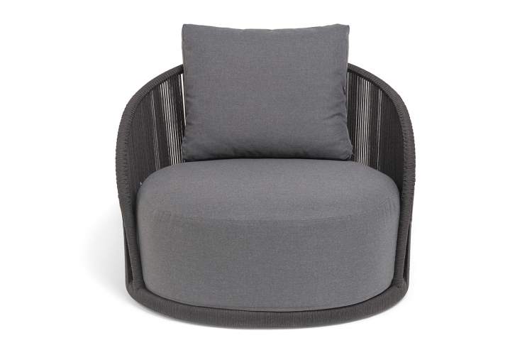 "Монтелла" кресло плетеное из роупа, каркас алюминий темно-серый (RAL7024) муар, роуп темно-серый круглый, ткань темно-серая 027-2