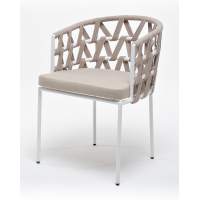 "Диего" стул плетеный из роупа, каркас из стали белый муар, роуп бежевый круглый, ткань бежевая 15052