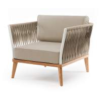 "Касабланка" кресло плетеное из роупа, основание дуб, каркас алюминий светло-серый (RAL7035) муар, роуп серо-коричневый 23мм, ткань бежевая 15052