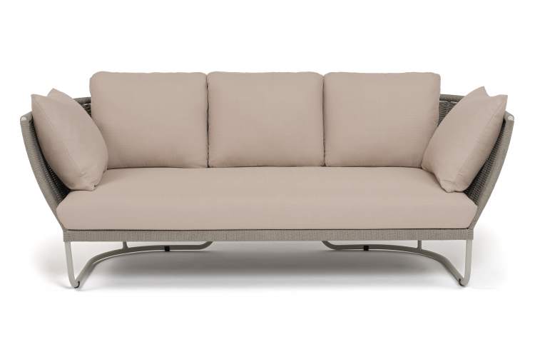 "Фиджи" диван 3-местный плетеный из роупа, каркас алюминий светло-серый (RAL7035) муар, роуп серый меланж круглый, ткань Mossle бежевая-1