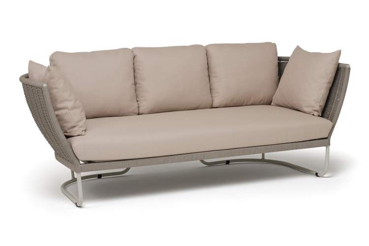 "Фиджи" диван 3-местный плетеный из роупа, каркас алюминий светло-серый (RAL7035) муар, роуп серый меланж круглый, ткань Mossle бежевая-2