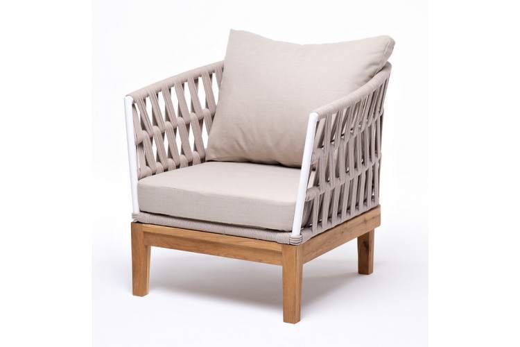 "Диего" кресло плетеное из роупа, основание дуб, каркас алюминий светло-серый (RAL7035) шагрень, роуп бежевый круглый, ткань бежевая 052