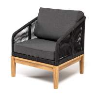 "Канны" кресло плетеное из роупа, основание дуб, роуп темно-серый круглый, ткань темно-серая 027