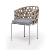 "Диего" стул плетеный из роупа, каркас из стали светло-серый (RAL7035) муар, роуп бежевый круглый, ткань светло-серая