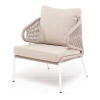 "Милан" кресло плетеное из роупа, каркас алюминий белый муар, роуп бежевый круглый, ткань бежевая 035