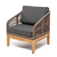 "Канны" кресло плетеное из роупа, основание дуб, роуп коричневый круглый, ткань темно-серая 027