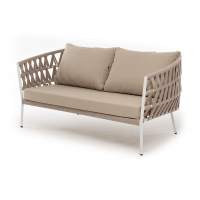 "Диего" диван 2-местный плетеный из роупа, каркас алюминий светло-серый (RAL7035) шагрень, роуп бежевый круглый, ткань бежевая 15052