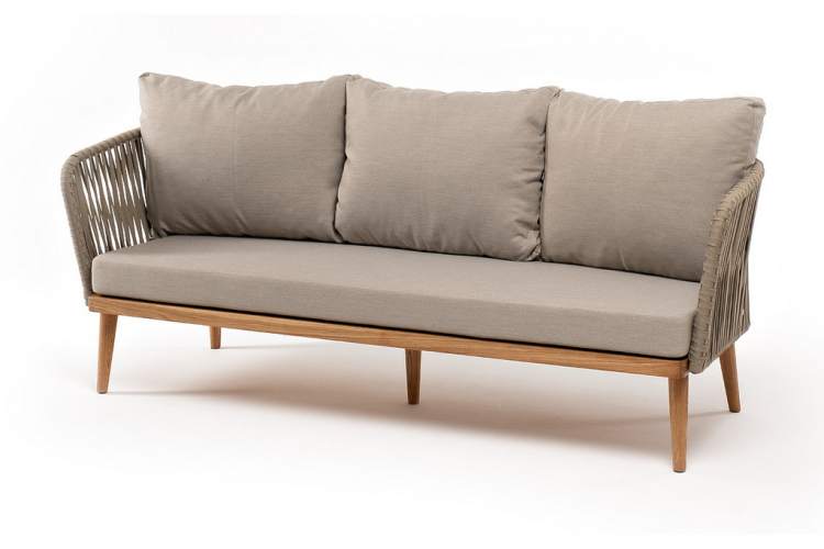 "Мальорка" диван 3-местный плетеный из роупа, основание дуб, роуп серо-коричневый 23мм, ткань бежевая 15052