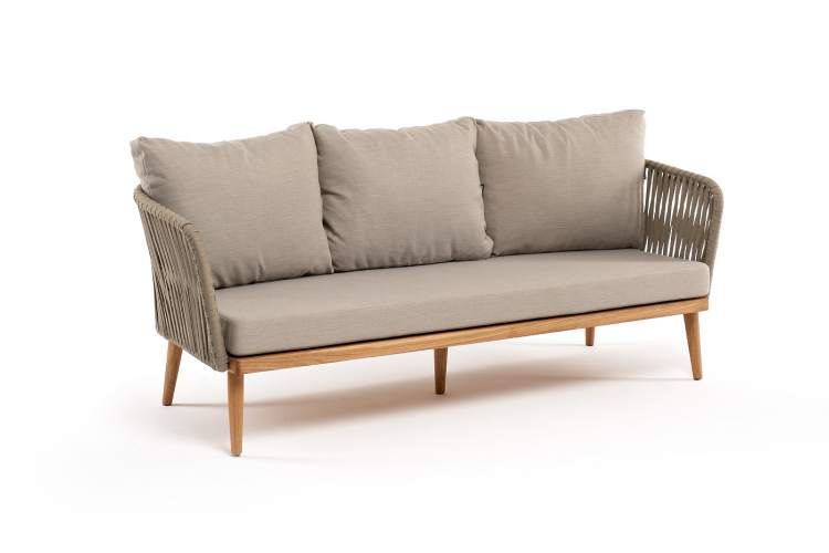 "Мальорка" диван 3-местный плетеный из роупа, основание дуб, роуп серо-коричневый 23мм, ткань бежевая 15052-2